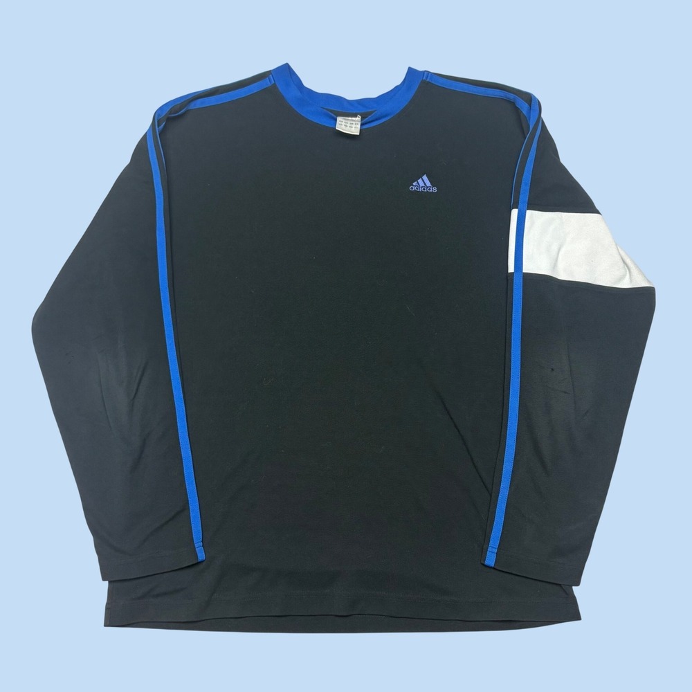 Adidas Mens Long Sleeve Shirt Black Blue White Athletic Crew Neck 1476